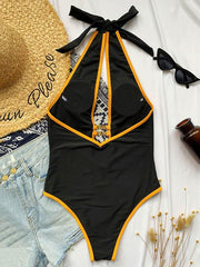 Solid Color Deep V-Neck Split-Joint One-Piece Swimwear