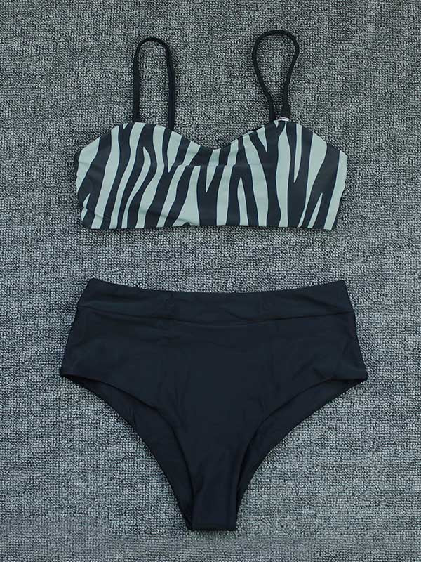 Striped Floral-Print Color-Block Split Bikini Swimsuit