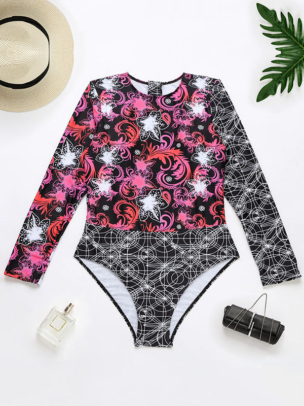 Wetsuit Floral Long Sleeve Zipper One-Piece Swimwear