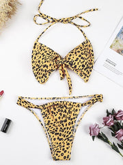 Leopard Print Bandage Knotted Split Bikini Swimsuit