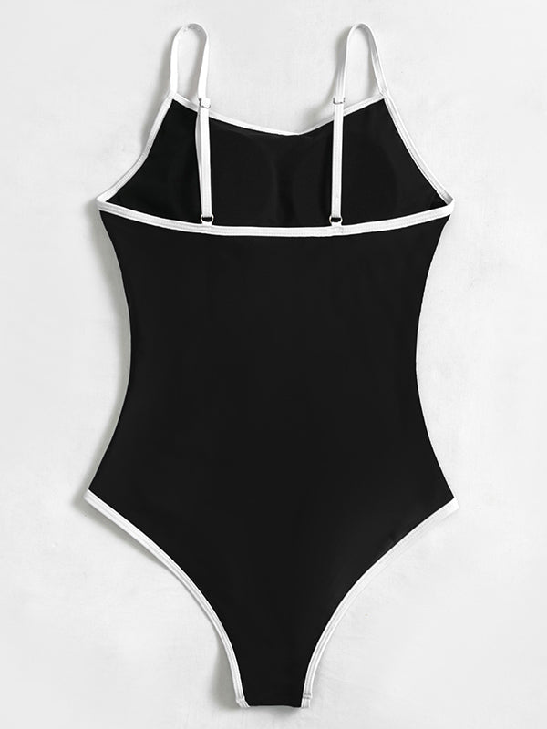 Spaghetti-Neck Solid Color Simple One-Piece Swimwear