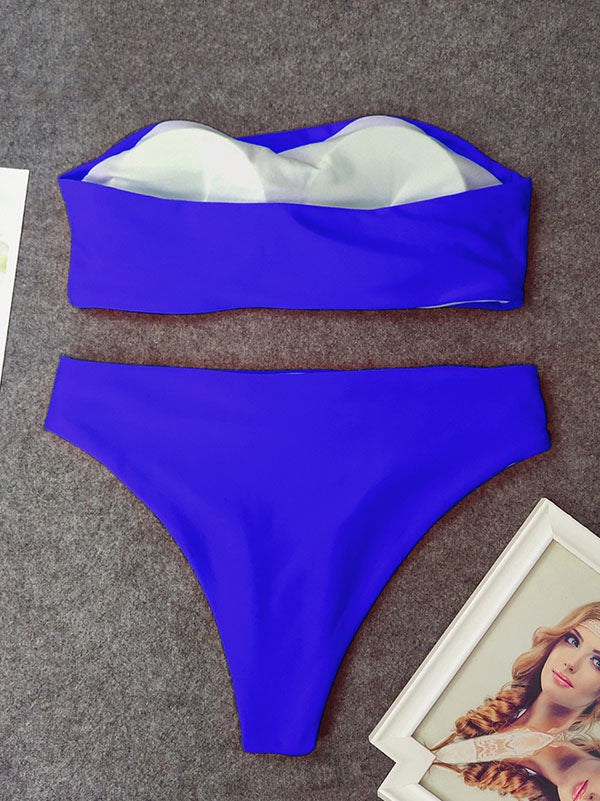 Solid Color Bandeau Split Bikini Swimsuit