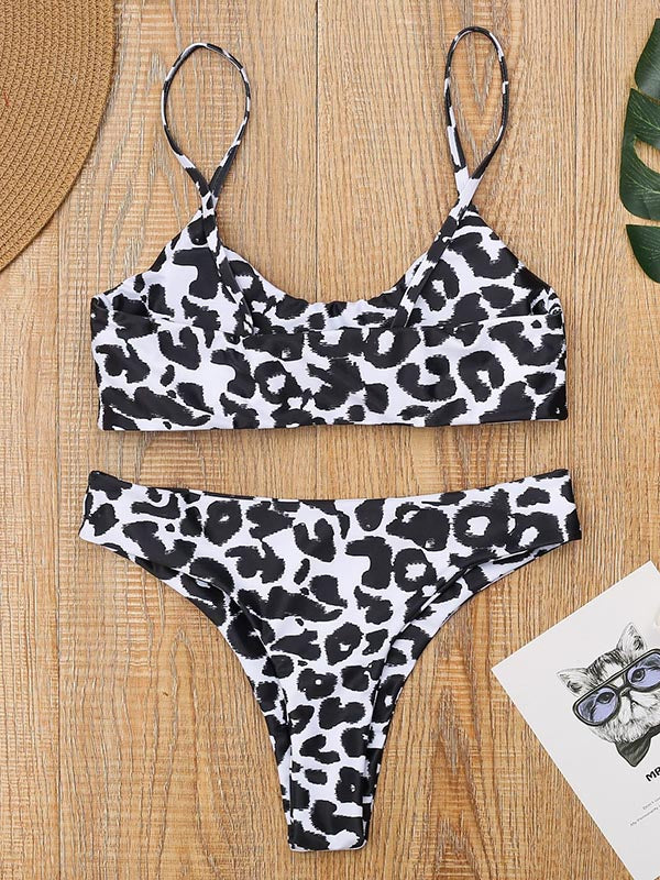 Leopard Print Spaghetti-Neck Split Bikini Swimsuit