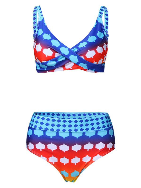 Vintage Print Polka-Dot Crossed Split Bikini Swimsuit