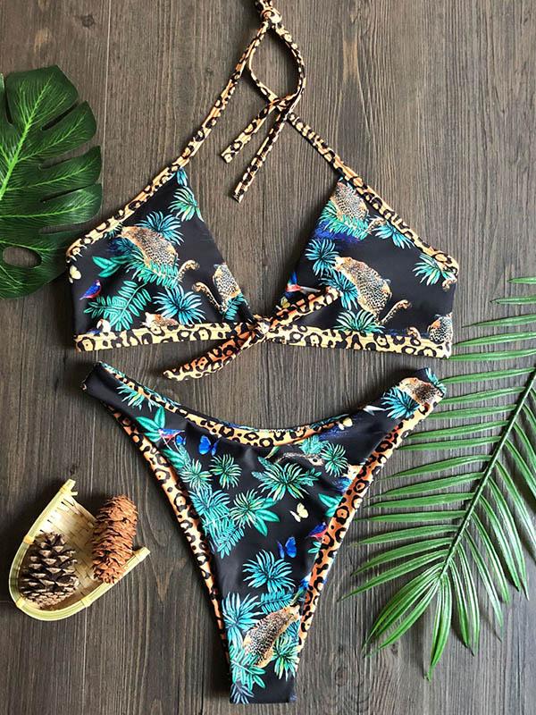 Sexy Bikini-Badeanzug mit V-Ausschnitt und Bandage-Print 