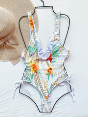 Floral Print Bandage V-Neck One-Piece Swimsuit