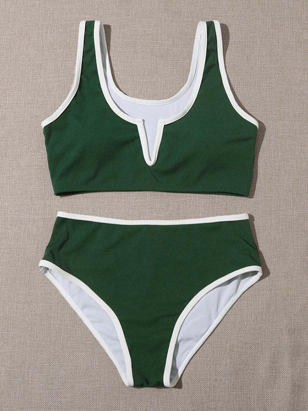 Bikini-Badeanzug mit Farbblock-Muster, U-Ausschnitt und Schlitz 