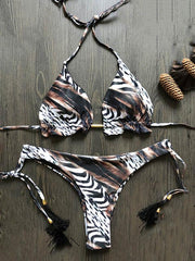 Leopard Print Tasseled Embellished Triangles Bandage Split Bikini Swimsuit