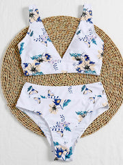 Floral-Print Deep V-Neck Split Bikini Swimsuit