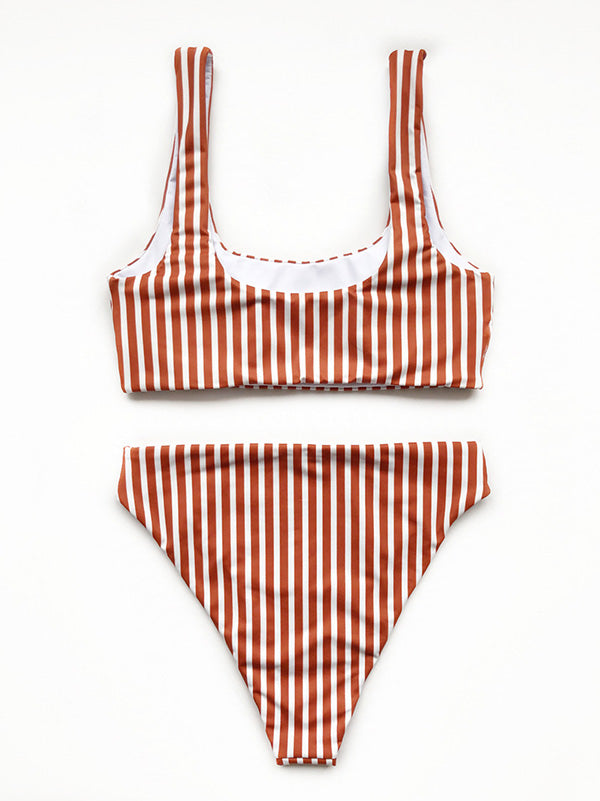 Striped Printed Square-Neck Split Bikini Swimsuit