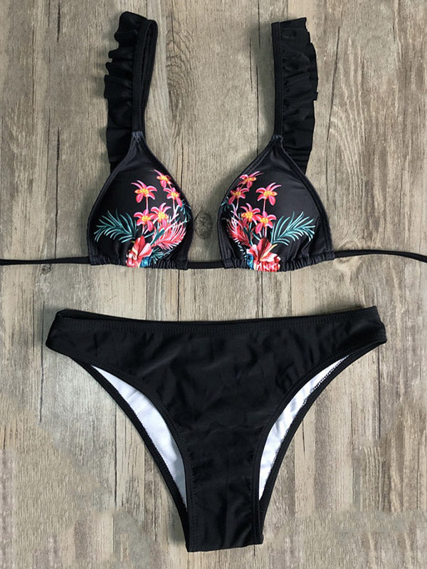 Bandage-Bikini-Badeanzug mit Blumenmuster und Dreiecken 