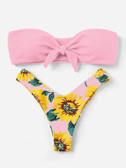 Color-Block Floral-Print Knotted Bandeau Split Bikini Swimsuit