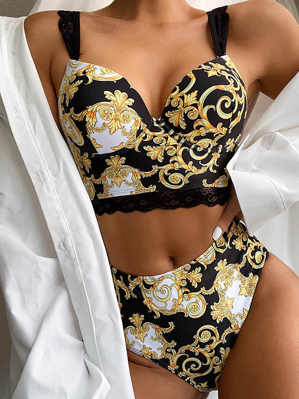 Chinese Style Printing Lace Split Bikini Swimsuit