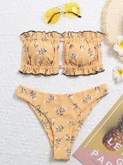 Floral-Print Bandage Ruffled Hollow Split Bikini Swimsuit