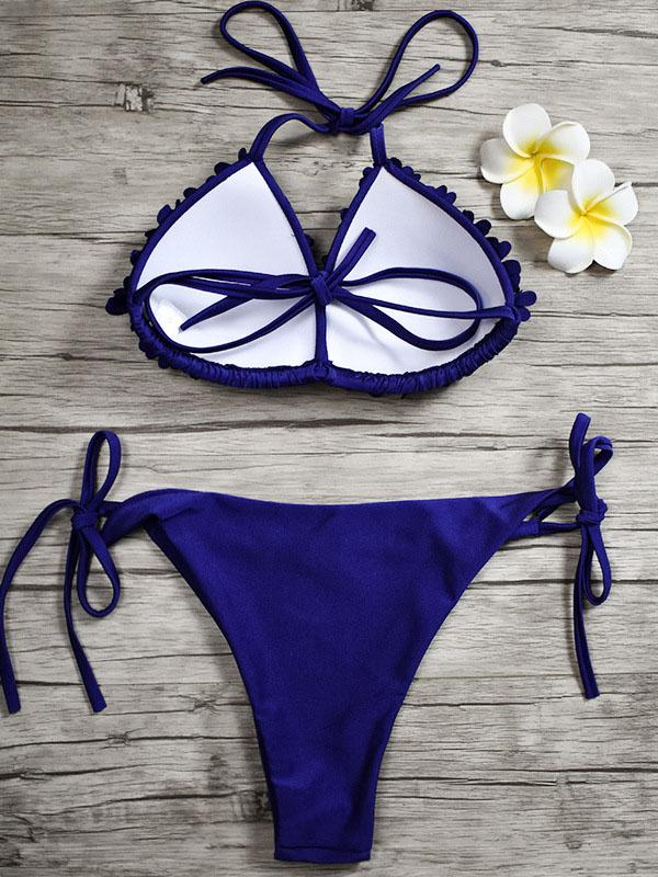 Flowers Embellished Triangles Bandage Split Bikini Swimsuit