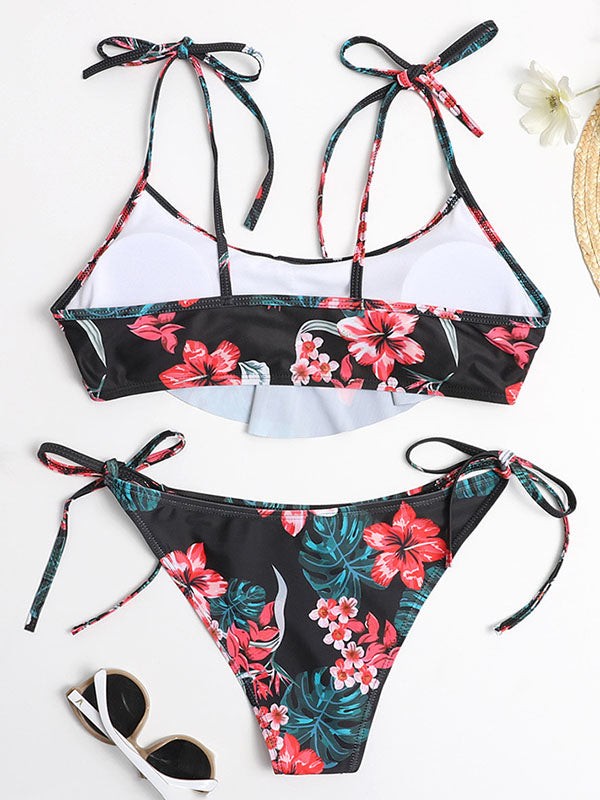 Spaghetti-Neck Floral Bralette Tie Side Bikini Swimwear