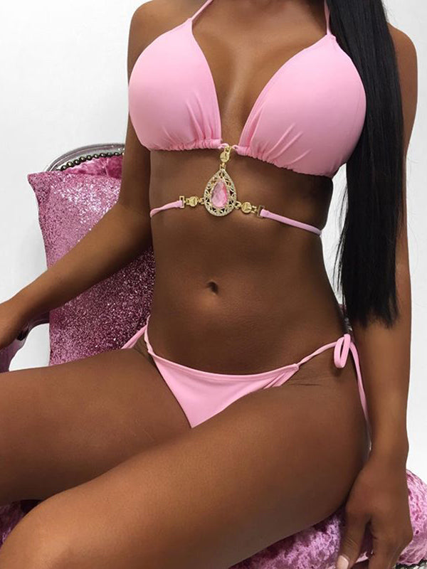 Sexy Bandage Diamond Deco Hollow Split Bikini Swimsuit