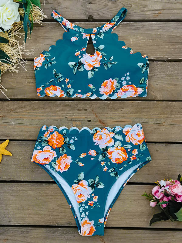 Neckholder-Bikini-Badeanzug mit Blumenmuster im Falbala-Stil 