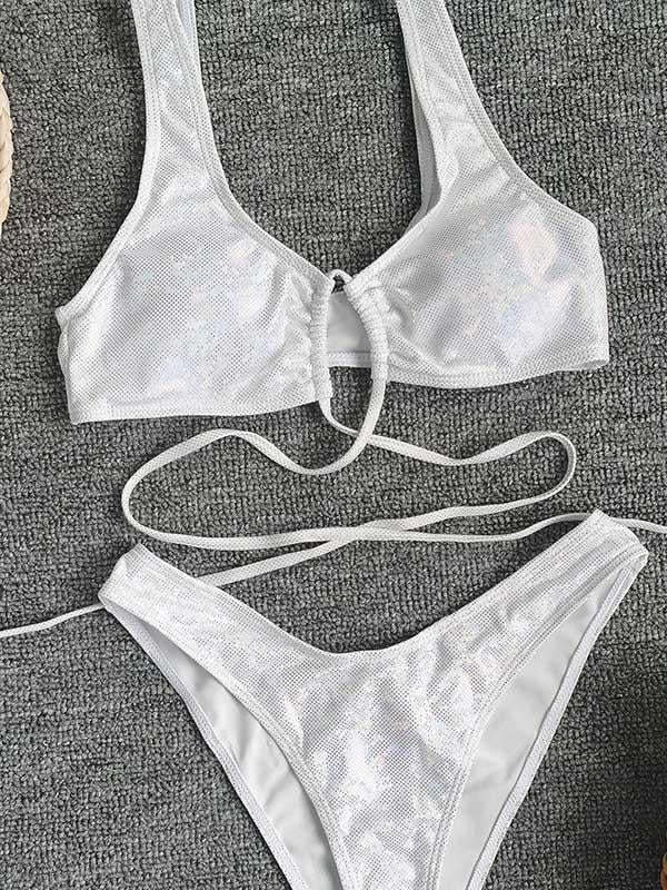 Wet Look Bandage Hollow Split Bikini Swimsuit