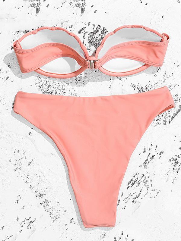 Solid Color Shell Shape Bandeau Split Bikini Swimsuit