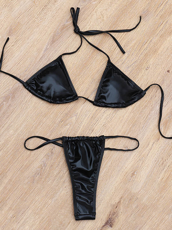 Patent Leather Solid Color Triangles Split Bikini Swimsuit