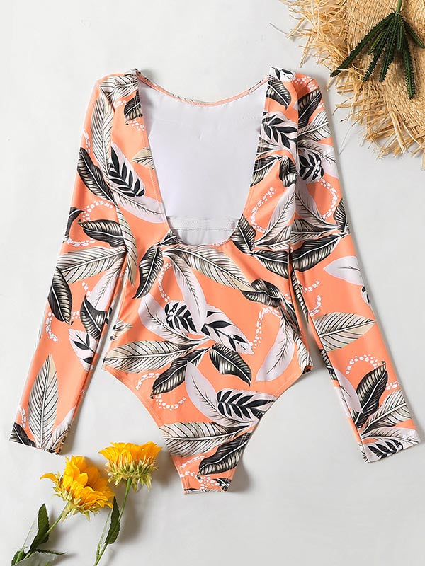 Long Sleeve Floral Print Backless Wetsuit Swimwear