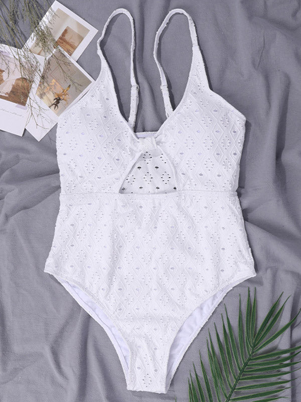 Plain Spaghetti-Neck Hollow Embroidered One-Piece Swimwear