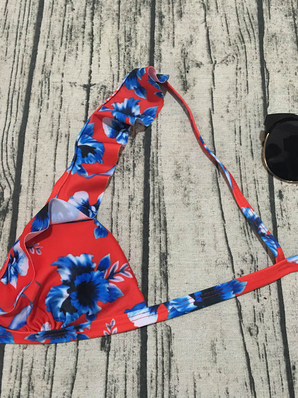 Floral Print Falbala Split Bikini Swimsuit