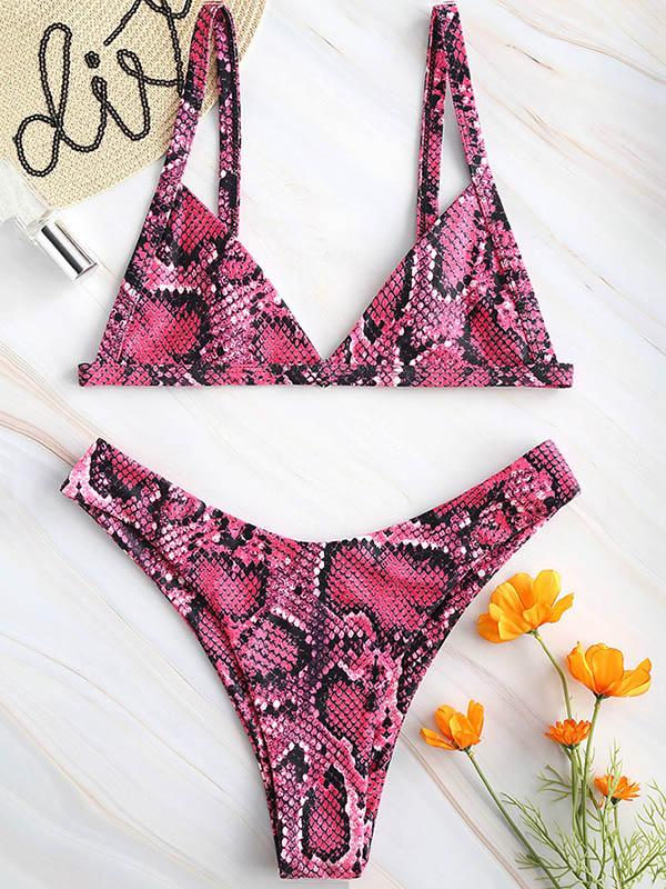 Snake-Print Backless Triangles Split Bikini Swimsuit