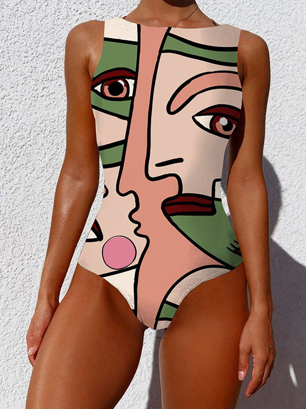 Abstract Printed Cartoon One-Piece Swimsuit