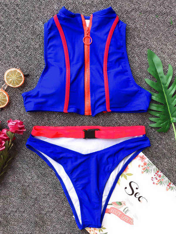 Sleeveless V-Neck Padded Zipper Hipster Bikini Swimwear