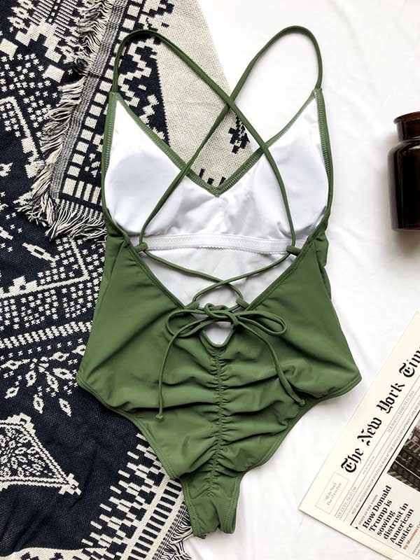 Solid Color V-Neck Backless Bandage Split Bikini Swimsuit