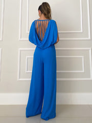 Blue Jumpsuit Jewel Neck Sleeveless Wide Summer One Piece Outfit