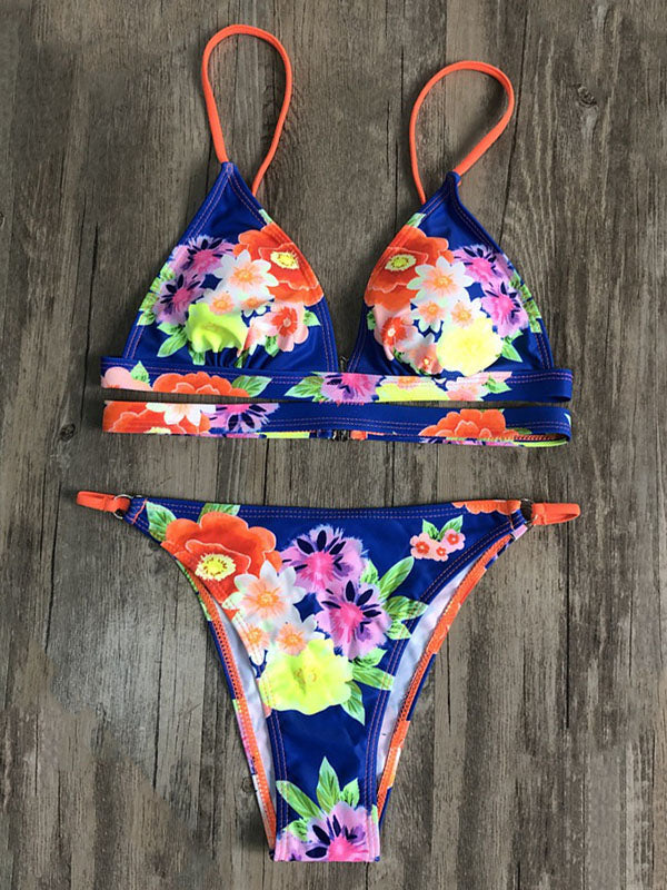 Sexy Floral Printed Triangles Bandage Bikini Swimsuit