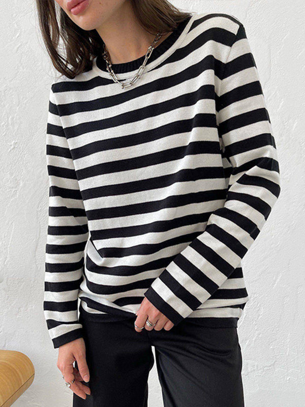 Long Sleeves Loose Split-Joint Striped Round-Neck Sweater Tops