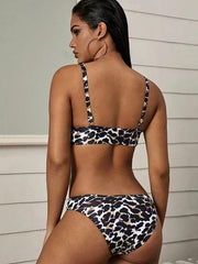 Leopard Print V-Neck Triangles Split Bikini Swimsuit