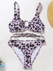 Bikini-Badeanzug mit Leopardenmuster, Bandage und Hohlschlitz 