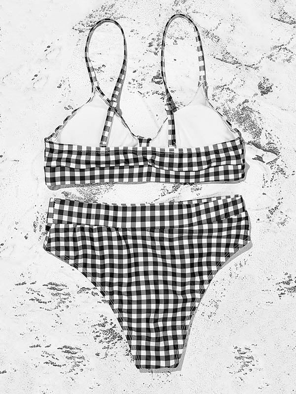 Plaid Printed Knotted Spaghetti-Neck Split Bikini Swimsuit