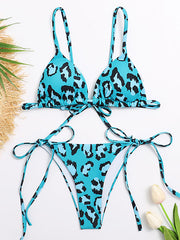 Leopard Print Backless Bandage Triangles Split Bikini Swimsuit