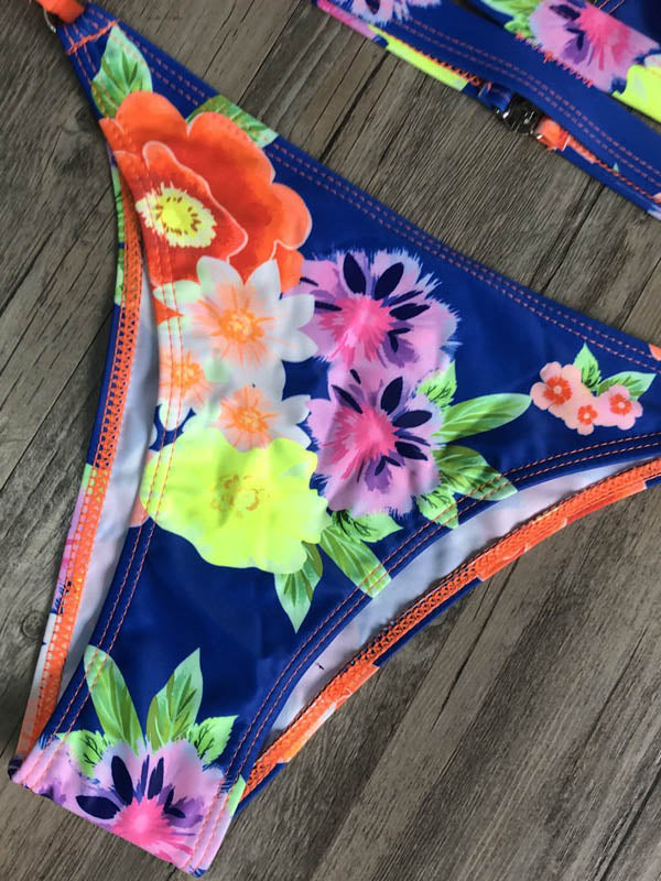 Sexy Floral Printed Triangles Bandage Bikini Swimsuit