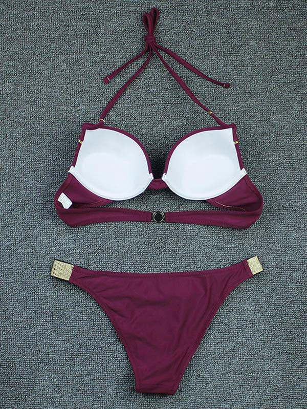 Solid Color Split-Joint Underwired  Split Bikini Swimsuit