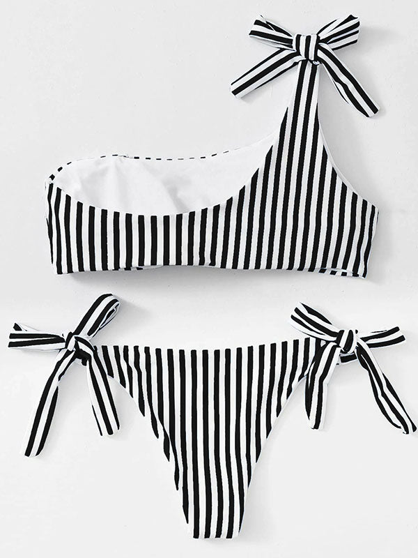 Striped One-Shoulder Knotted Split Bikini Swimsuit