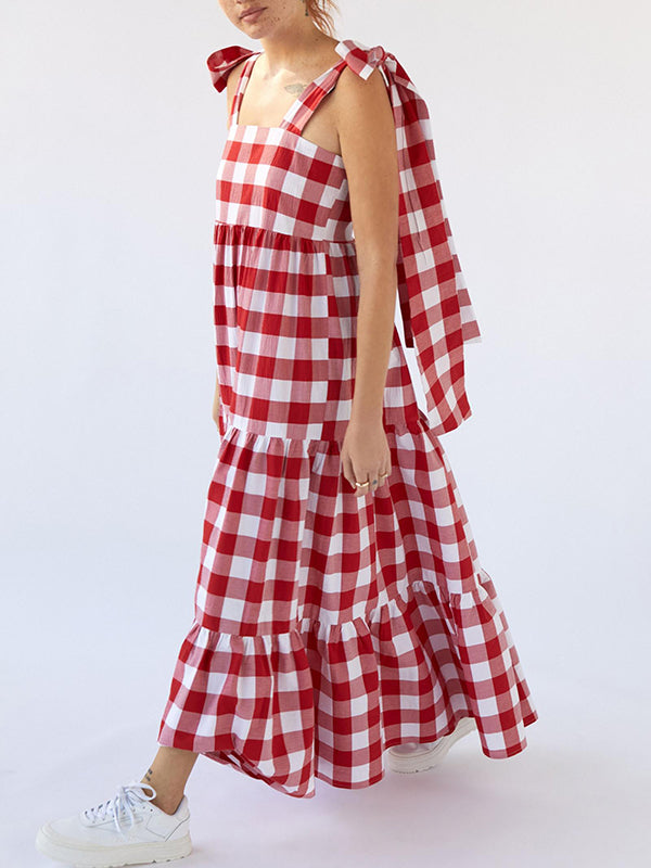 A-Line Loose Plaid Split-Joint Tied Square-Neck Maxi Dresses