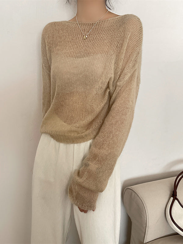 Gentle Mohair Knitted Loose Long Sleeves Solid Color Thin Sweater Tops