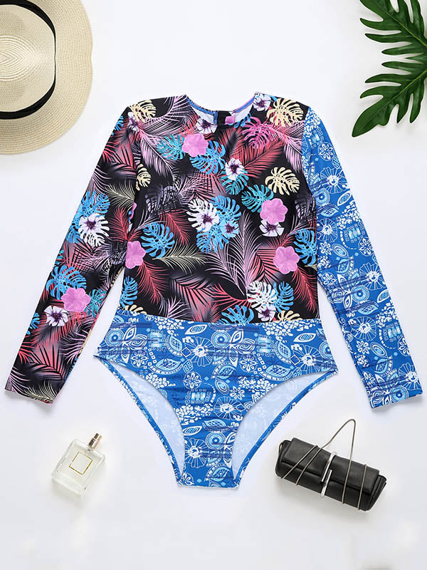 Wetsuit Floral Long Sleeve Zipper One-Piece Swimwear