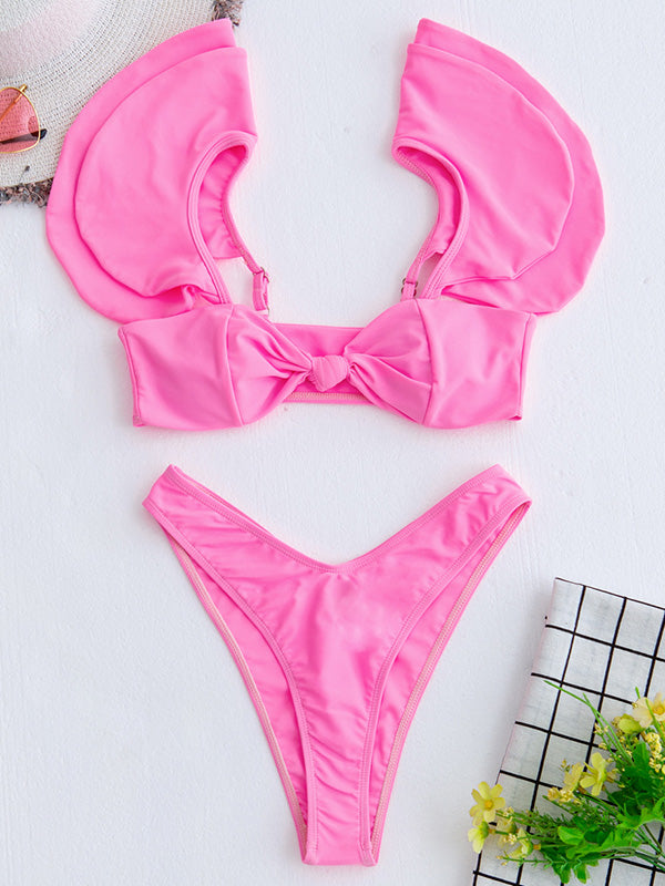 Einfarbige, kurzärmlige Falbala-Bralette-Bikini-Bademode 