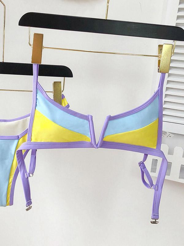 Contrast Color Split-Joint V-Neck Split Bikini Swimsuit