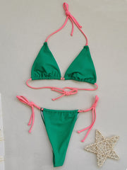 Solid Color Halterneck Triangles Tie Side Bikini Swimwear