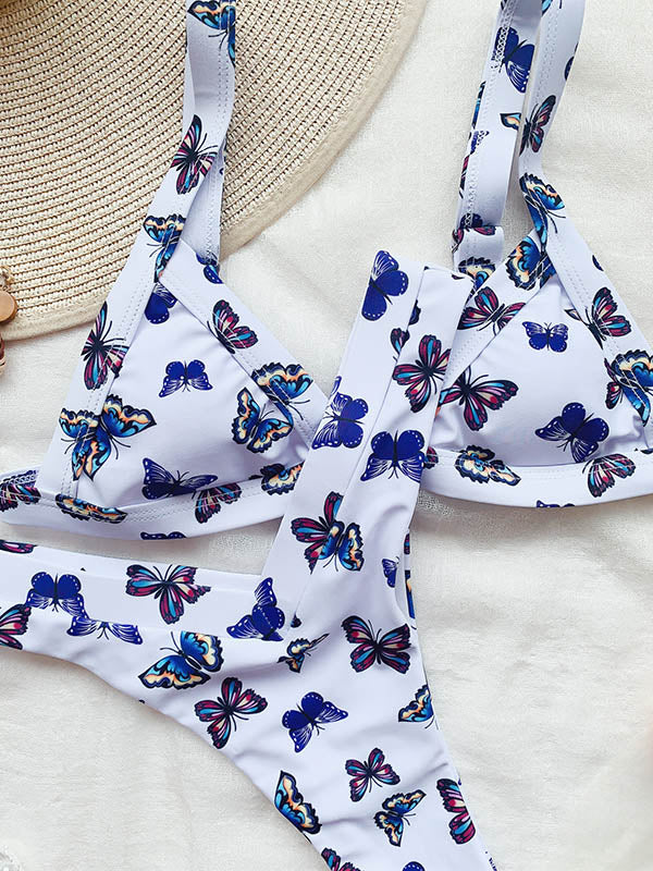 Floral-Print Triangles Split Bikini Swimsuit