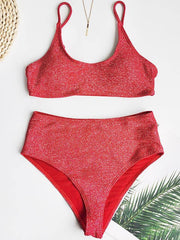 Shiny Spaghetti-Neck U-Neck Split Bikini Swimsuit